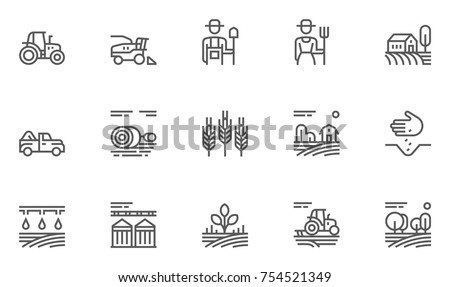 Set of Agriculture and Farming Line Icons. Contains such Icons Harvester trucks, tractors, farmers and village farm buildings. Editable Stroke. 48x48 Pixel Perfect.