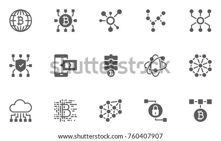 Set of Blockchain Technology Icons with Digital Currency, E-wallet, Electronic Purse, International Transactions and more.