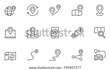 Navigation, Location and Map Line Vector Icons Set. Contains Map with a Pin, Route map, Navigator, Direction and more. Editable Stroke. 48x48 Pixel Perfect.