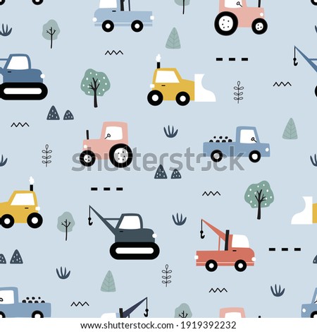 Hand-drawn construction vehicles seamless pattern vector have a tractor with the tree on gray background Cute design, cartoon style, used for printing, wallpaper, fabric, fashion textile. 商業照片 © 