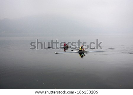 LAKE ORTA, ITALY/EUROPE, - OCTOBER 28 : English rowers training on Lake Orta in Italy on October 28, 2008. Unidentified men.
