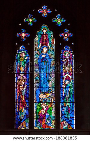 ASHDOWN FOREST, SUSSEX/UK - OCTOBER 29 : Stained glass window in the church in the grounds of the Ashdown Park Hotel in Sussex on October 29, 2009