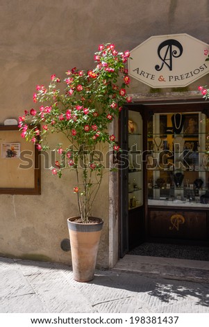 PIENZA, TUSCANY/ITALY - MAY 18 : Dog rose outside a shop in Pienza on May 18, 2013