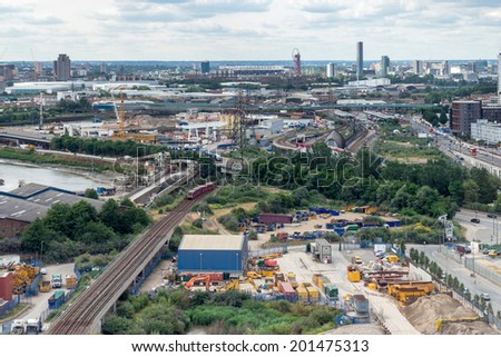 LONDON - JUNE 25 : View towards the Olympic Village from London\'s cable car in London on June 25, 2014