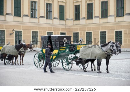 VIENNA, AUSTRIA/EUROPE - SEPTEMBER 23 : Horse and carriage at the Schonbrunn Palace in Vienna Austria on September 23, 2014. Unidentified man.
