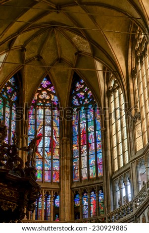 PRAGUE, CZECH REPUBLIC/EUROPE - SEPTEMBER 24 : Stained glass window in St Vitus Cathedral in Prague on September 24, 2014
