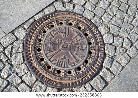 BERLIN, GERMANY/EUROPE - SEPTEMBER 15 : Intricate waterboard manhole cover in a street in Berlin Germany on September 15, 2014