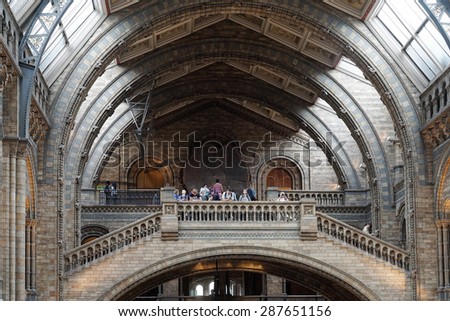 LONDON - JUNE 10 : People at the Top of a Staircase at the Natural History Museum in London on June 10, 2015. Unidentified people.