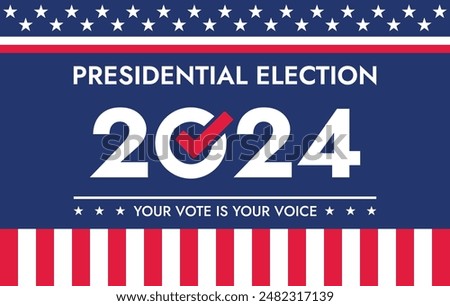 USA 2024 Presidential Election background with American flag colors design. Election event banner, card, poster, template, voting communication, background. Vote day, November 5. Vector illustration.