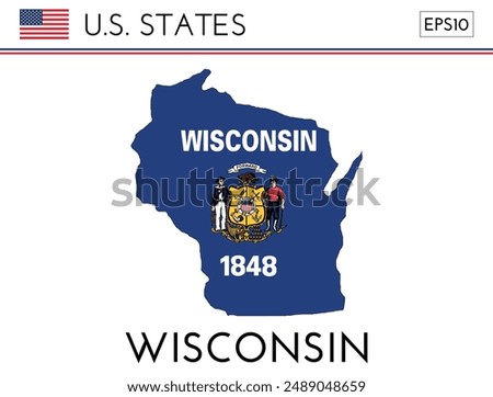 Wisconsin USA state map shape with flag. Map of Wisconsin in the Wisconsin flag colors. Outline map filled with its flag colors. Vector illustration.