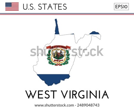 West Virginia USA state map shape with flag. Map of West Virginia in the West Virginia flag colors. Outline map filled with its flag colors. Vector illustration.