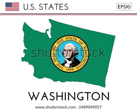 Washington USA state map shape with flag. Map of Washington in the Washington flag colors. Outline map filled with its flag colors. Vector illustration.