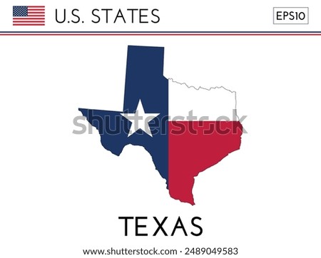 Texas USA state map shape with flag. Map of Texas in the Texas flag colors. Outline map filled with its flag colors. Vector illustration.