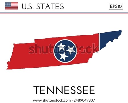 Tennessee USA state map shape with flag. Map of Tennessee in the Tennessee flag colors. Outline map filled with its flag colors. Vector illustration.