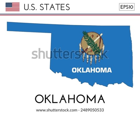 Oklahoma USA state map shape with flag. Map of Oklahoma in the Oklahoma flag colors. Outline map filled with its flag colors. Vector illustration.