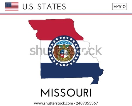 Missouri USA state map shape with flag. Map of Missouri in the Missouri flag colors. Outline map filled with its flag colors. Vector illustration.