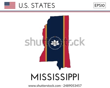 Mississippi USA state map shape with flag. Map of Mississippi in the Mississippi flag colors. Outline map filled with its flag colors. Vector illustration.