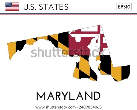 Maryland USA state map shape with flag. Map of Maryland in the Maryland flag colors. Outline map filled with its flag colors. Vector illustration.