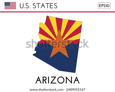 Arizona USA state map shape with flag. Map of Arizona in the Arizona flag colors. Outline map filled with its flag colors. Vector illustration.