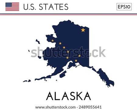 Alaska USA state map shape with flag. Map of Alaska in the Alaska flag colors. Outline map filled with its flag colors. Vector illustration.