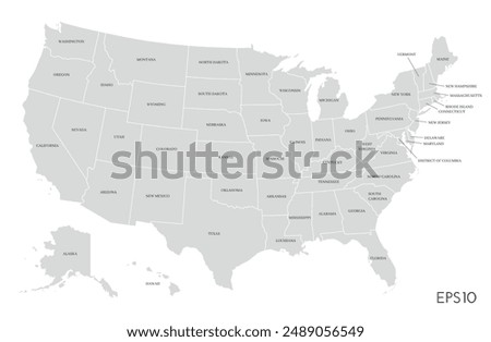 US map. American infographics template, with separated states and state names. Vector illustration.