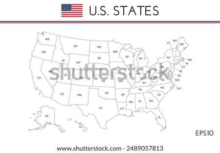 US map. American infographics template, with separated states and short state names. Vector illustration.