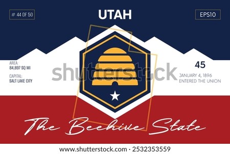 Vector poster background of the US state of Utah, with name, map borders, state flag design, nickname, order number and date of admission to the Union, capital, area. Illustration 44 of 50.