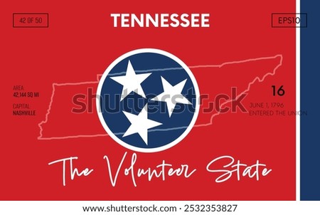 Vector poster background of the US state of Tennessee, with name, map borders, state flag design, nickname, order number and date of admission to the Union, capital, area. Illustration 42 of 50.