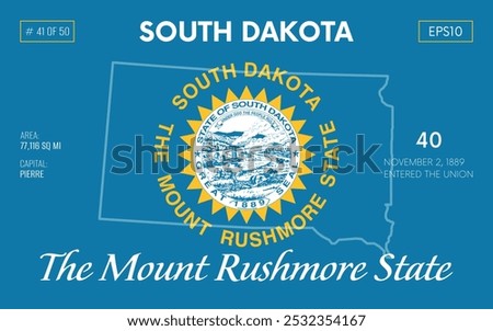 Vector poster background of the US state of South Dakota, with name, map borders, state flag design, nickname, order number and date of admission to the Union, capital, area. Illustration 41 of 50.