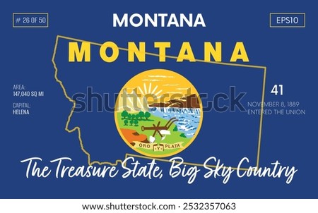 Vector poster background of the US state of Montana, with name, map borders, state flag design, nickname, order number and date of admission to the Union, capital, area. Illustration 26 of 50.