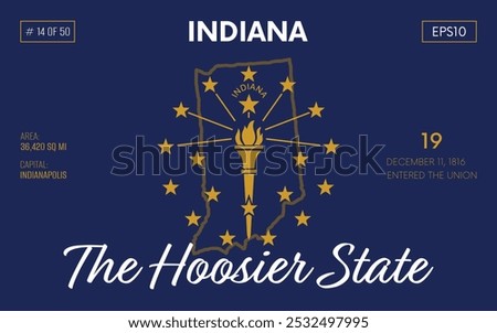 Vector poster background of the US state of Indiana, with name, map borders, state flag design, nickname, order number and date of admission to the Union, capital, area. Illustration 14 of 50.