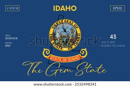 Vector poster background of the US state of Idaho, with name, map borders, state flag design, nickname, order number and date of admission to the Union, capital, area. Illustration 12 of 50.