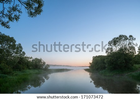 Foggy morning. Fog on the river. Russian landscape background, photo composition. Macro. River. Lake. Water.