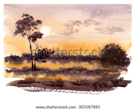 Landscape with a sunset. Fog in a meadow. Watercolor hand drawing illustration.
