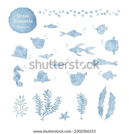 Watercolor marine elements, fishes and seaweeds, Summer images