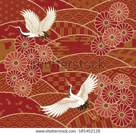 Two cranes and chrysanthemums Japanese traditional wave pattern