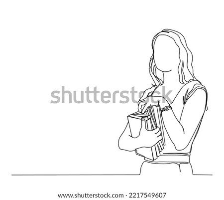 Continuous one line drawing of young woman holding books. student holding books single line art drawing vector illustration.