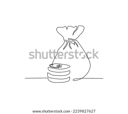 Continuous one line drawing of money bag. Money storage and investment single Line art. Saving, Investment and finance bank concept.