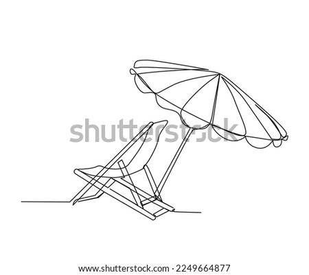 Continuous one line drawing of sunbed. Beach umbrella and chair for summer holiday line art vector illustration.