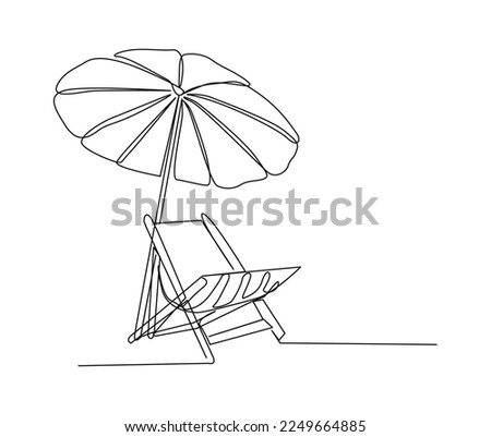 Continuous one line drawing of sunbed. Beach umbrella and chair for summer holiday line art vector illustration.