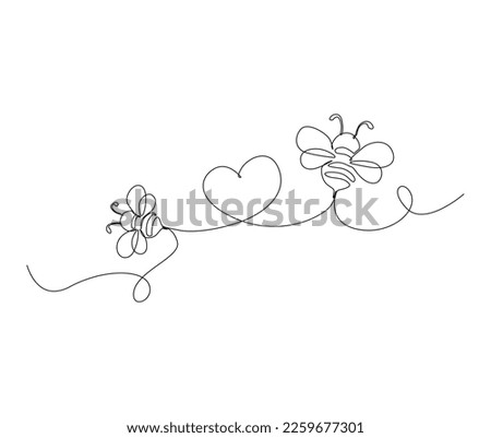 Continuous one line drawing of fliying bee shapped love. Simple illustration of honey bee line art vector illustration.