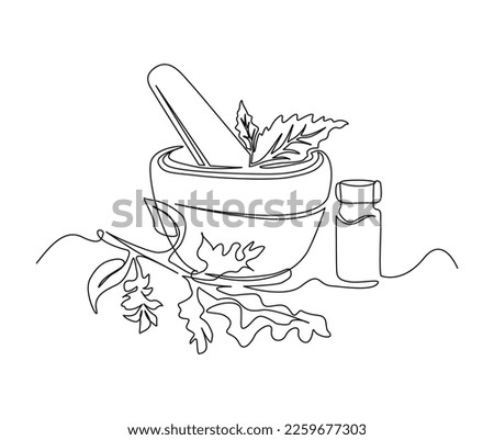 Continuous one line drawing of mortar with herbs . Simple illustration of traditional mortar line art vector illustration.