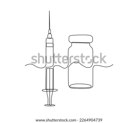 Continuous one line drawing of Syringe and vial. Simple illustration of Vaccine and Injection Syringe line art vector illustration.