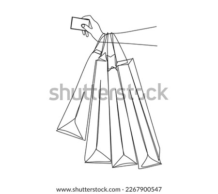 Continuous one line drawing of hand holding shopping bags and credit card. Simple paper bag line art vector illustration.  