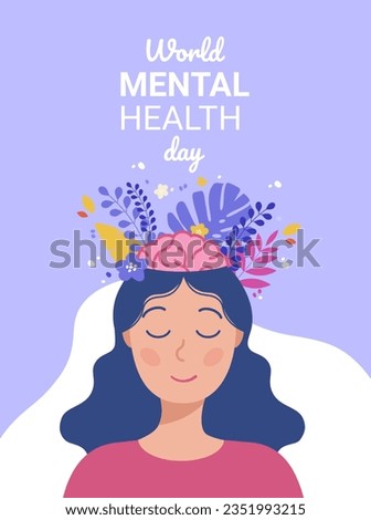 Mental health concept. Growing flowers from a girl's head. Female brain and tropical leaves in the head of a young woman isolated on a lilac background. World mental health day