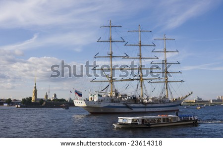 The STS (Sail Training Ship) Mir is a Russian three-masted, full-rigged sailing ship, registered at St. Petersburg, Russia. The Mir anchored in Neva river.