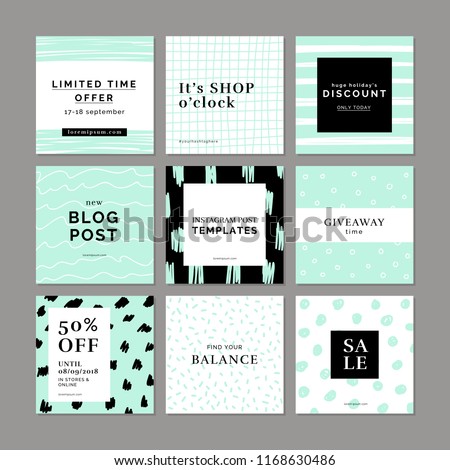 9 square layout templates for social media, mobile apps or banner design. Social media pack. Graphic hand drawn backgrounds.