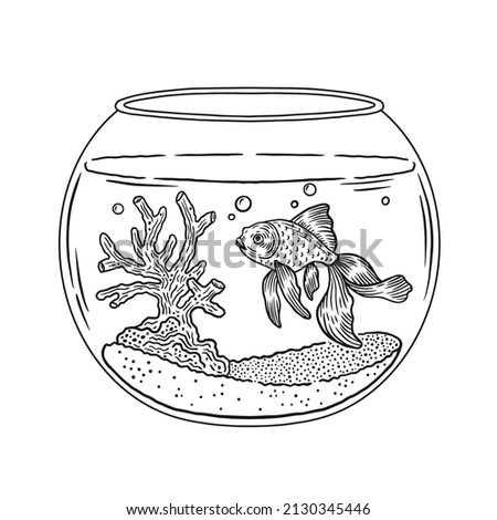 Hand drawn goldfish swimming in round glass bowl aquarium. Vector illustration isolated on white background