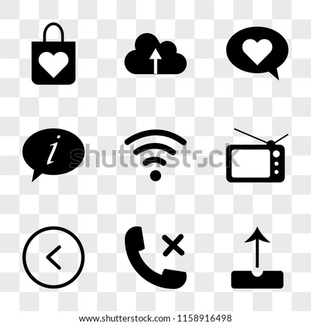 9 simple transparent vector icon pack, set of icons such as Upload, Phone call, Left arrow, Television, Wifi, Speech bubble, Speech, Cloud computing, Shopping bag