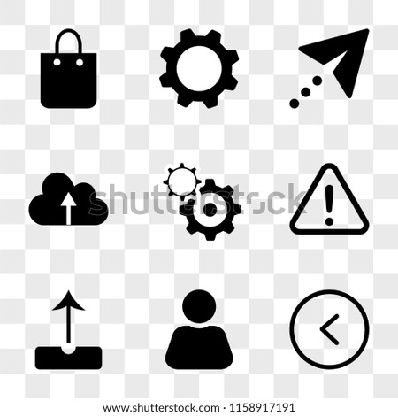 9 simple transparent vector icon pack, set of icons such as Left arrow, User, Upload, Warning, Settings, Cloud computing, Cursor, Shopping bag